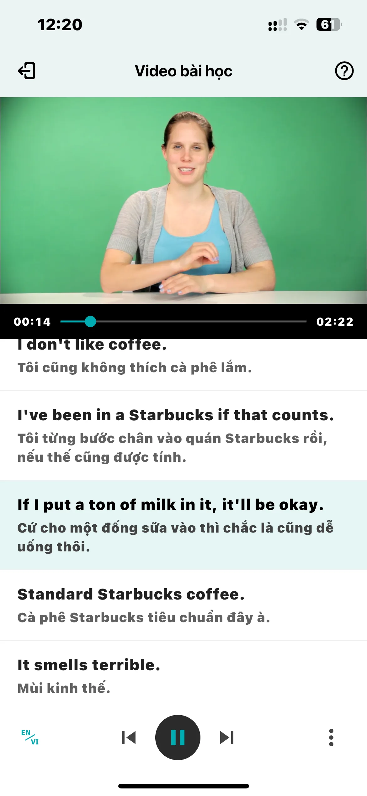 Màn hình Nghe – xem video bài học