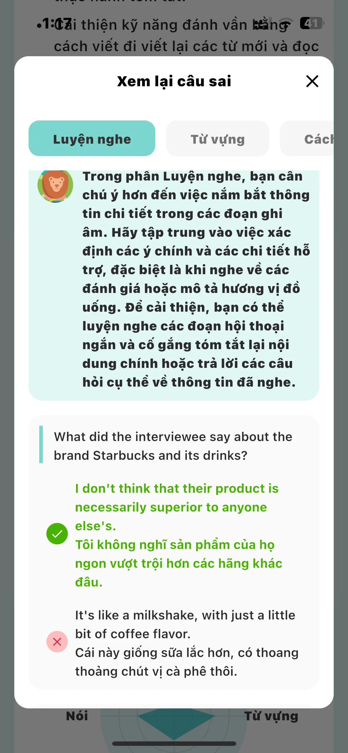 Màn hình Ôn tập – xem lại câu sai