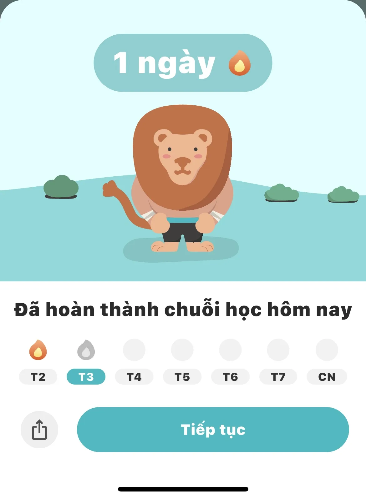 Màn hình hoàn thành chuỗi học hôm nay (streak)